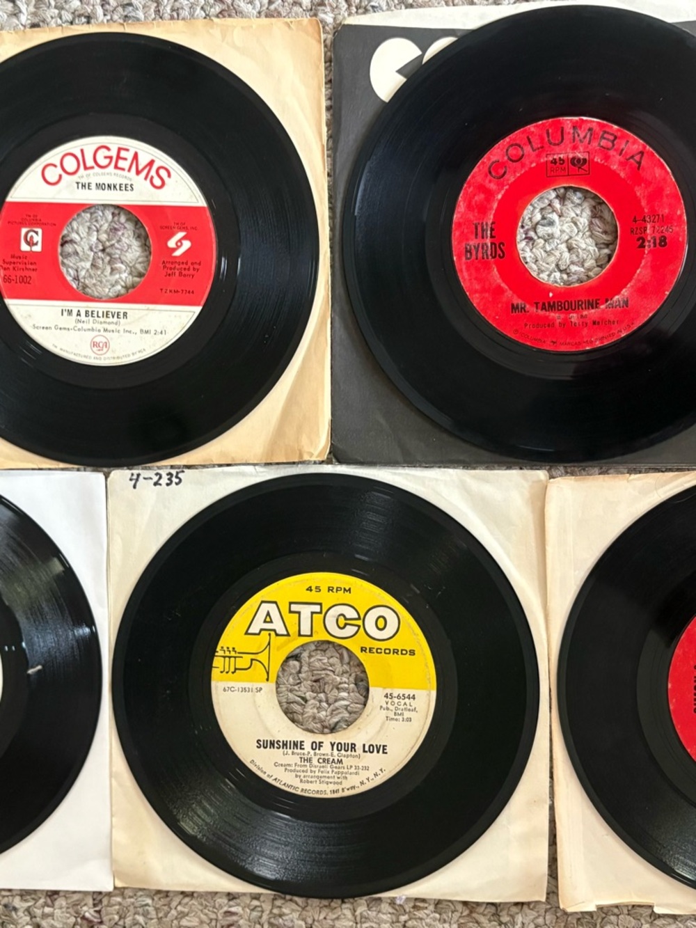 Lot Of 5 45 RPM Classic Rock Vinyl The Rolling Stones Cream Byrds Monkees Simon